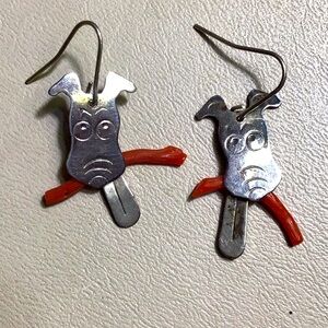 Sterling Silver and Red Coral Dog Earrings